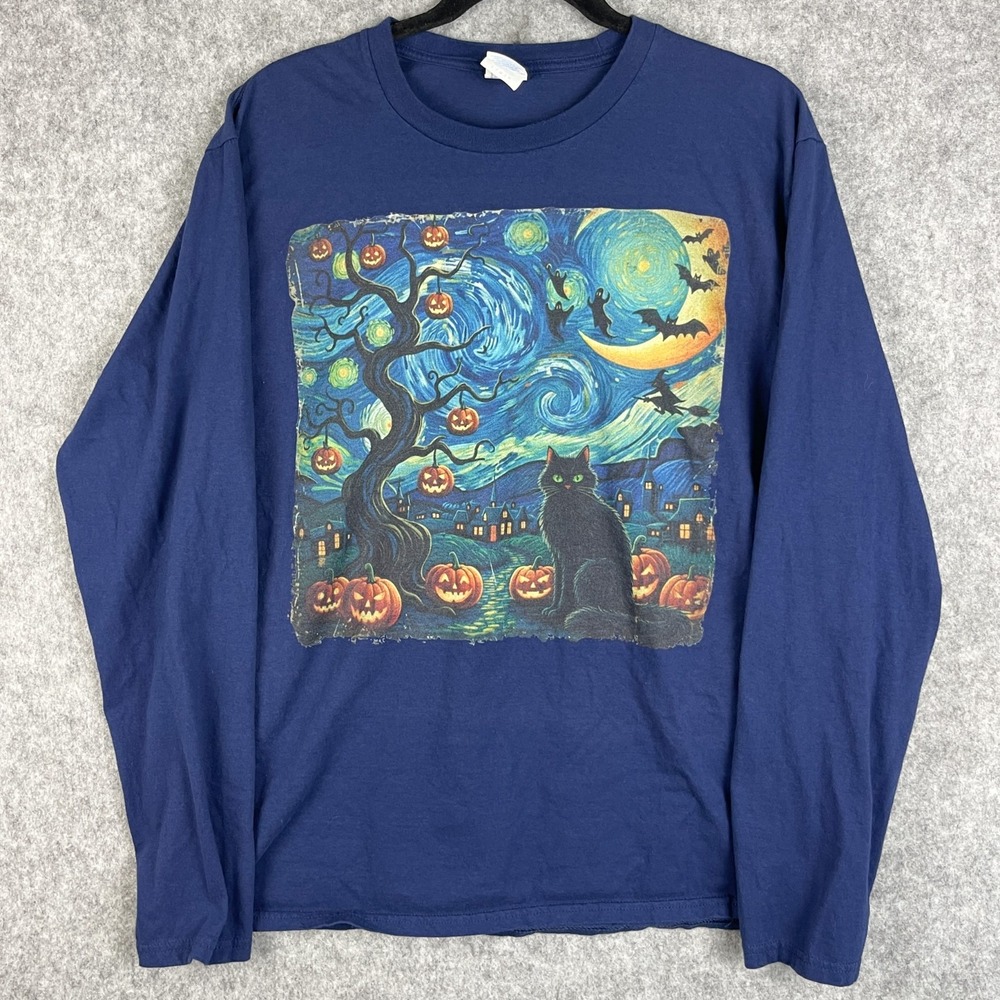 Halloween Van Gogh Starry Night Cat Pumpkins Top Womens Large Blue Artsy